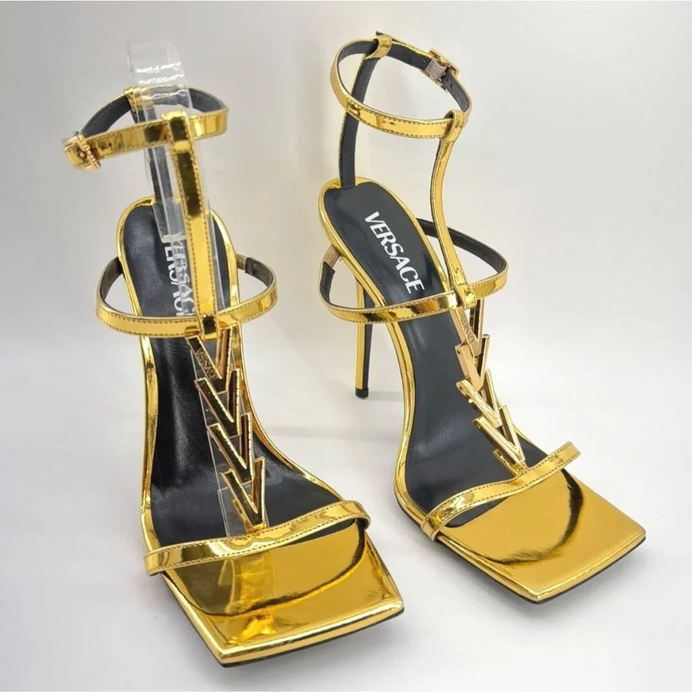 Versace V2025 Chain Metallic Leather Heels Gold 105mm Stiletto Sandals Size 39